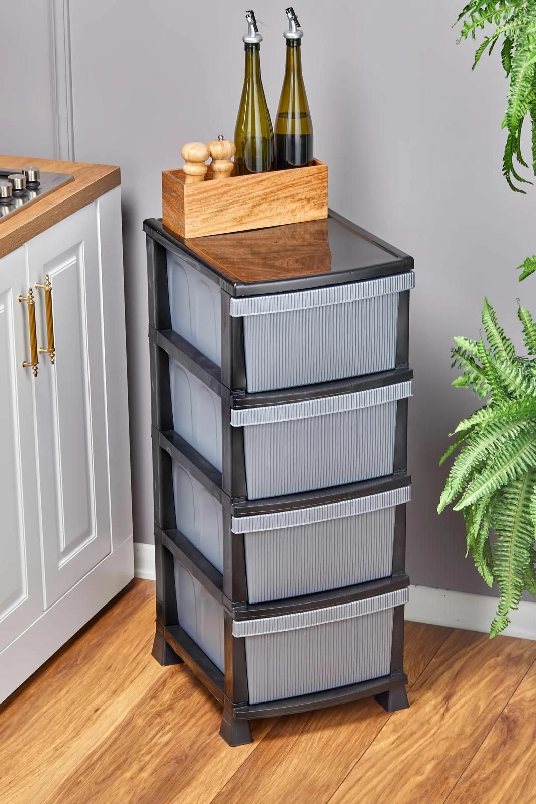 Organizues kuzhine me 4 sirtarë plastik, ngjyrë gri, Hermia