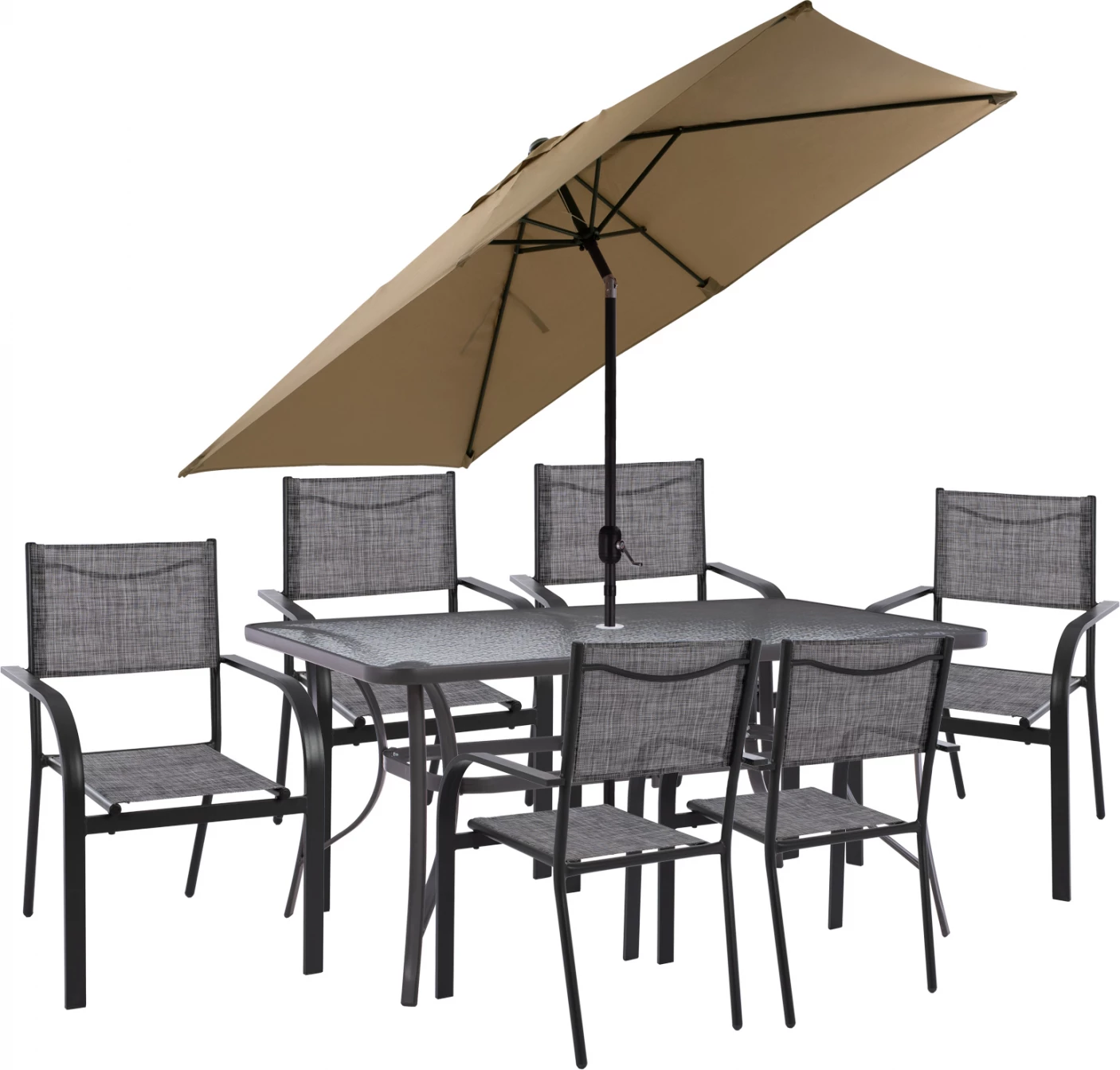 Set për terasë me ombrellë, 8 pjesë, tavolinë gri 150x90 dhe karrige me krahë, FH11533.02