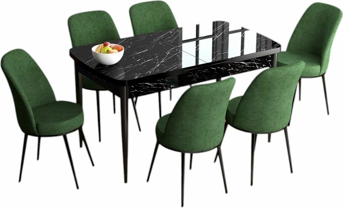 Set tavoline me karrige për ngrënie, i zgjatshëm, 7 pjesë, Skye Decor, Han, mermer i zi, karrige ngjyrë kaki