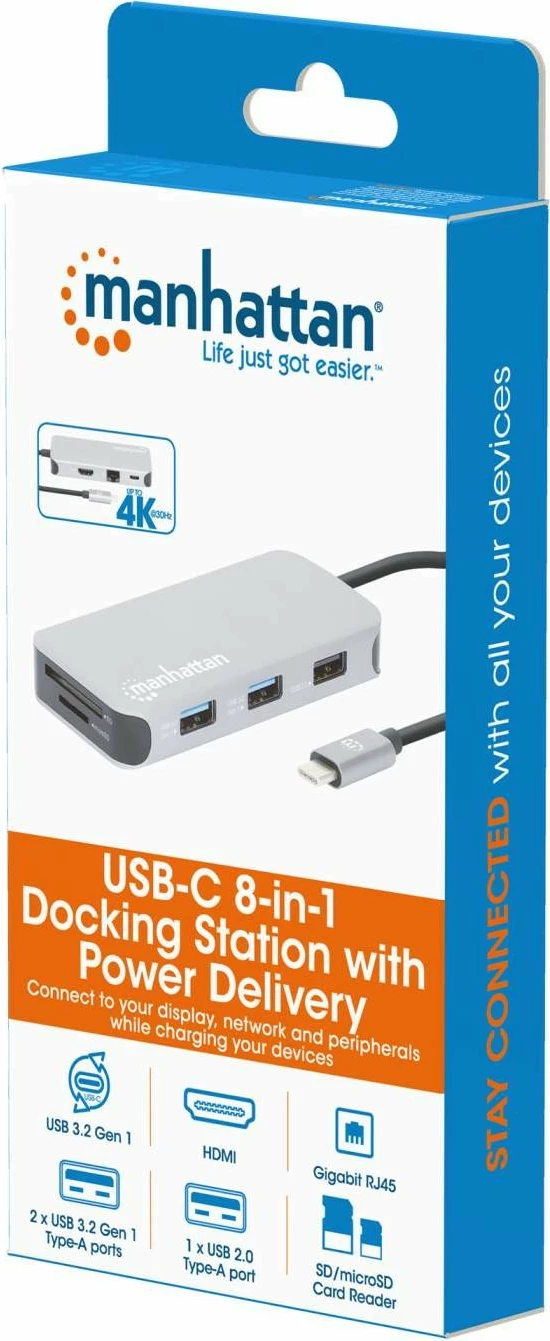 Docking station MANHATTAN USB-C 8-in-1, HDMI, RJ45, 3xUSB-A, gri