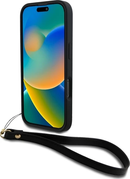 Mbështjellës DKNY Wrist Strap Stock Logo për iPhone 16 Pro, i zi