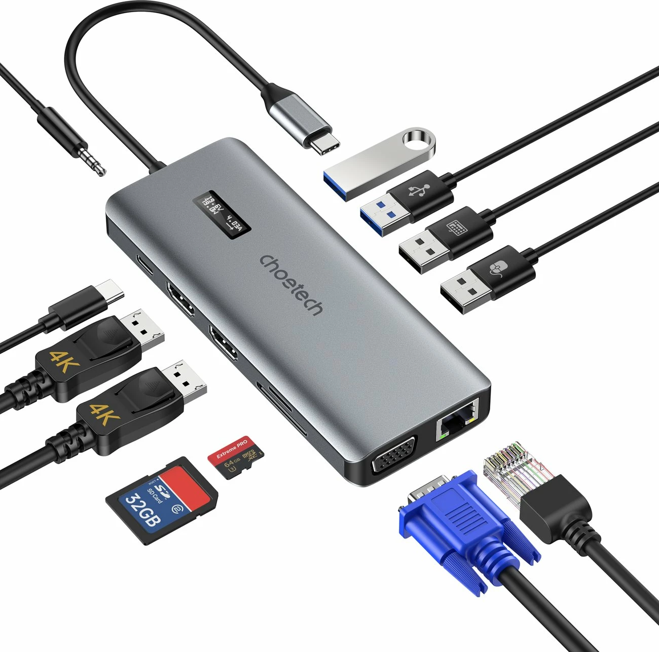 HUB multifunksional Choetech HUB-M26, 12-në-1, USB-C, HDMI, VGA, RJ45, Gri