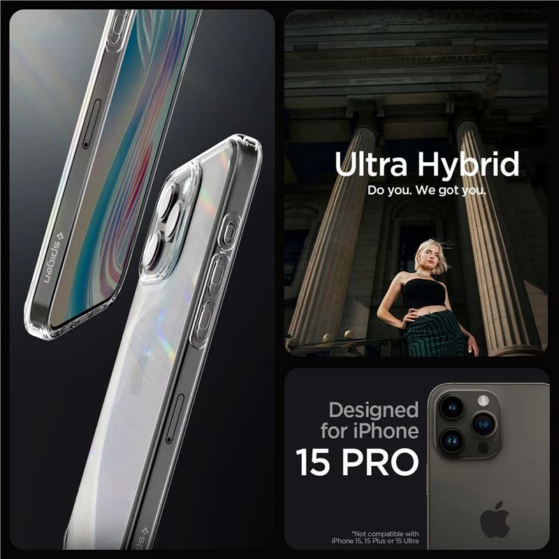 Mbështjellës Spigen Crystal Hybrid për iPhone 15 Pro, Transparent