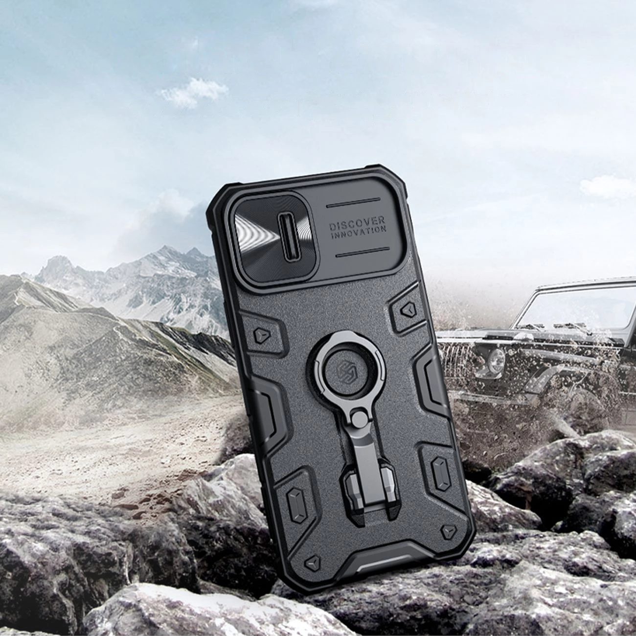 Mbështjellës Nillkin CamShield Armor Pro për iPhone 14 Plus, me kapak kamere, mbajtëse gishti dhe stand, Blu