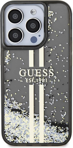 Mbështjellës Guess Liquid Glitter Gold Stripes për iPhone 15 Pro, i zi