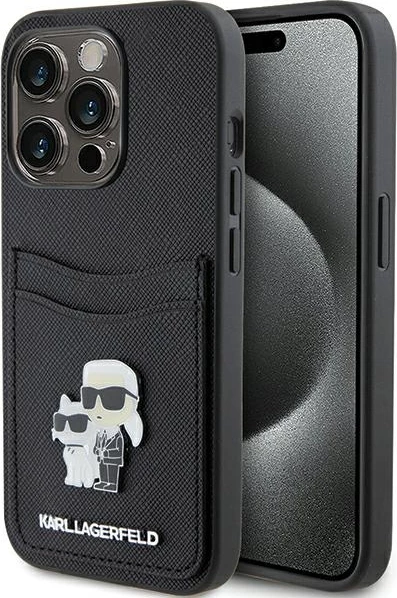 Mbështjellës Karl Lagerfeld Saffiano Cardslot Karl&Choupette Metal Pin për iPhone 15 Pro, i zi