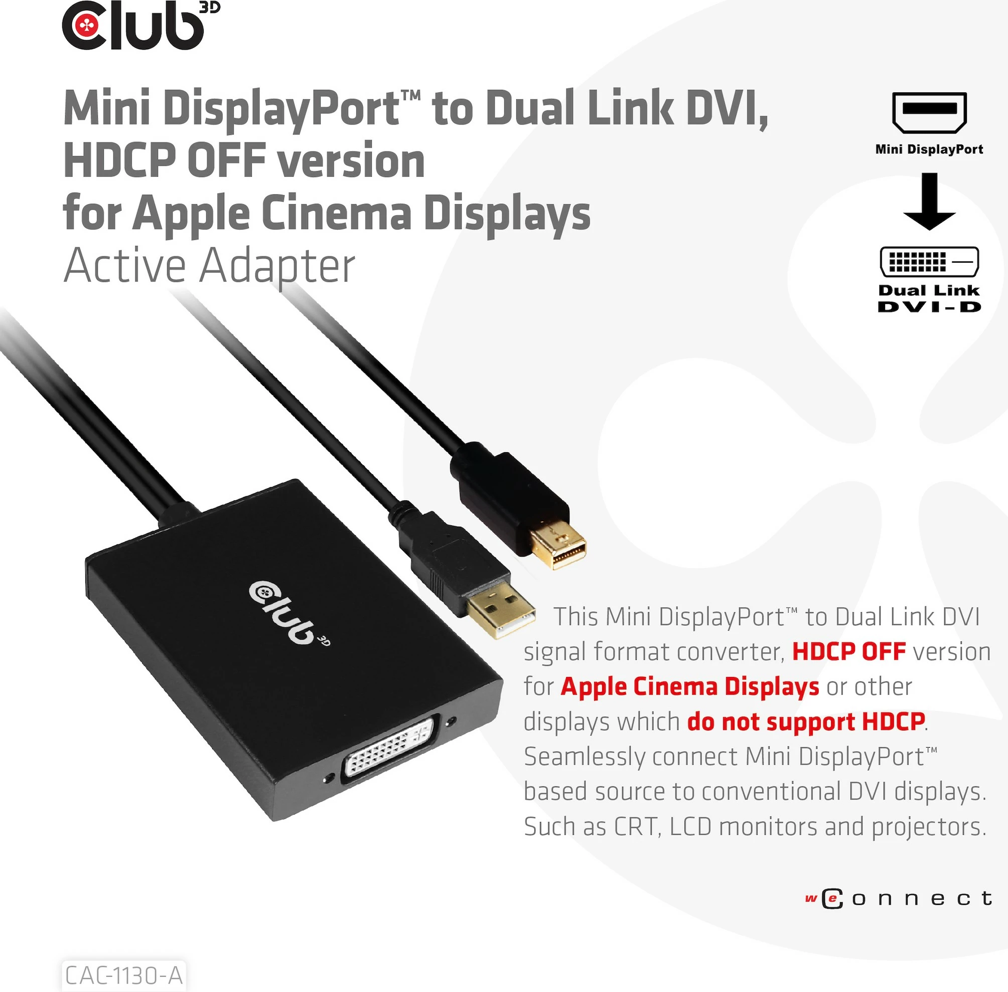 Adapter Club3D Mini DisplayPort në DVI Dual Link, 0.6m, i zi