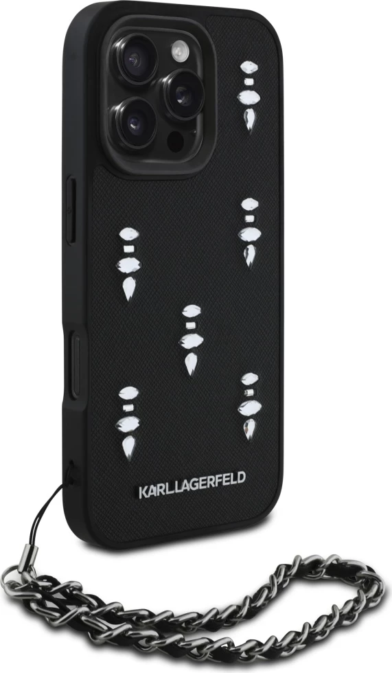 Mbështjellës Karl Lagerfeld Saffiano Crystals me zinxhir, për iPhone 16 Pro, i zi