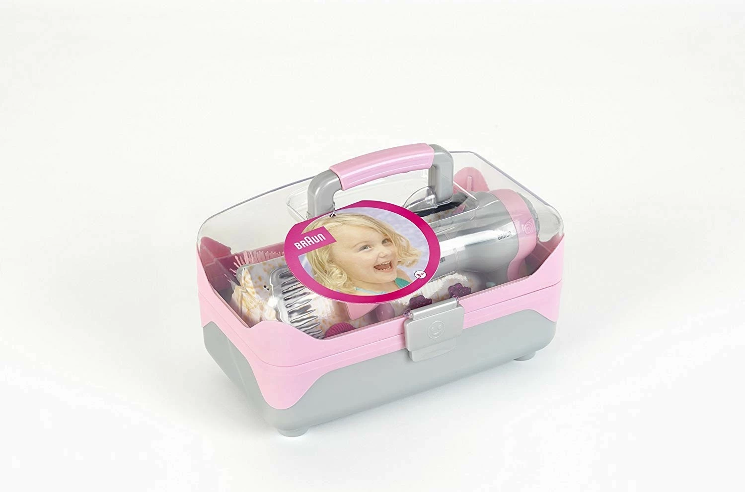 set frizeri, Klein Braun 5862, tharëse lodër me bateri, valixhe plastike me kapak transparent, për fëmijë 3+, rozë/gri, set