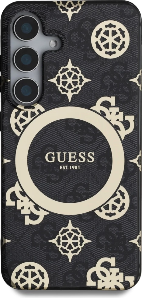 Mbështjellës Guess 4G Background Gold Electroplated Peony Pattern MagSafe për Samsung Galaxy S25, Zi