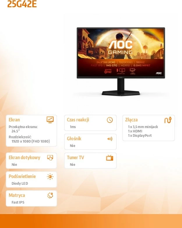 Monitor gaming AOC 25G42E, 24.5", Fast IPS, 180Hz, 1ms, FHD, i zi