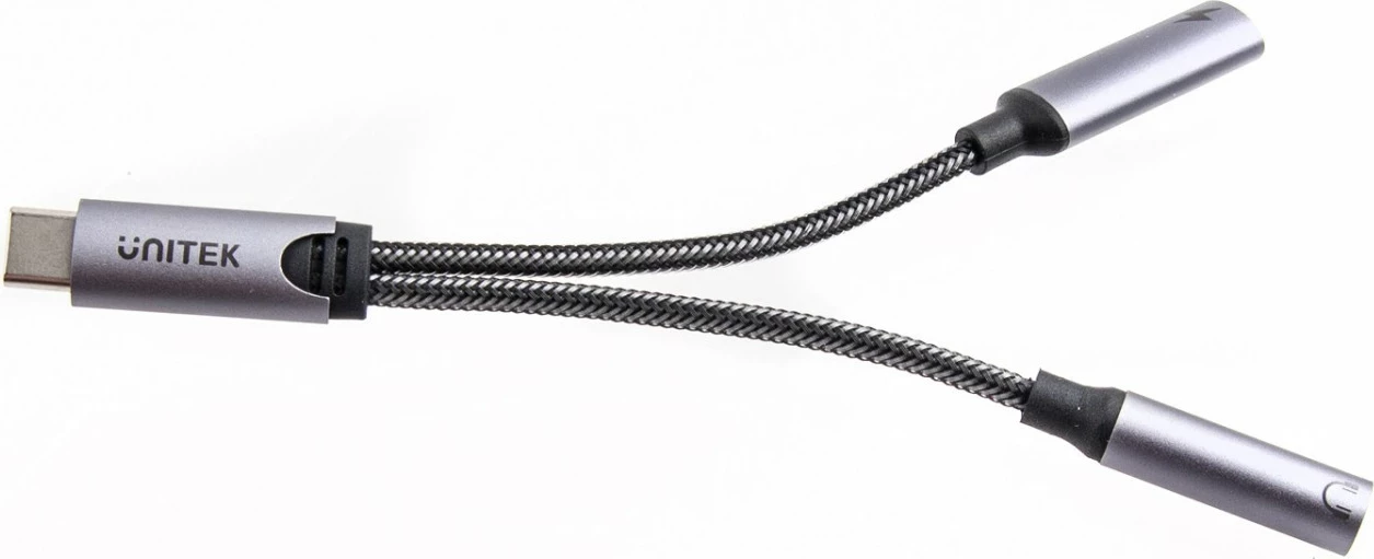 Adapter Unitek USB-C në 2 x port USB-C audio dhe 18W, ngjyrë gri