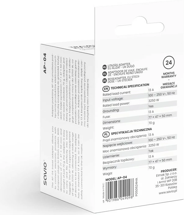 Adapter udhëtimi Savio AP-04, prizë EU në plug UK, i bardhë