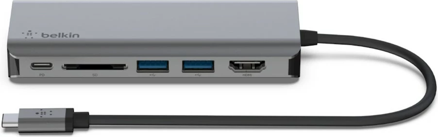 Adapter multiport Belkin AVC008BTSGY, USB-C, 100W, HDMI, RJ-45, SD, 2x USB-A, 1x USB-C, zi/gri