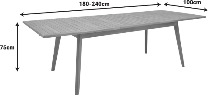 Tavolinë me karrige për terasë Banou-Pino, dru tik natyral, e zezë, 180/240x100x75cm, 7 copë