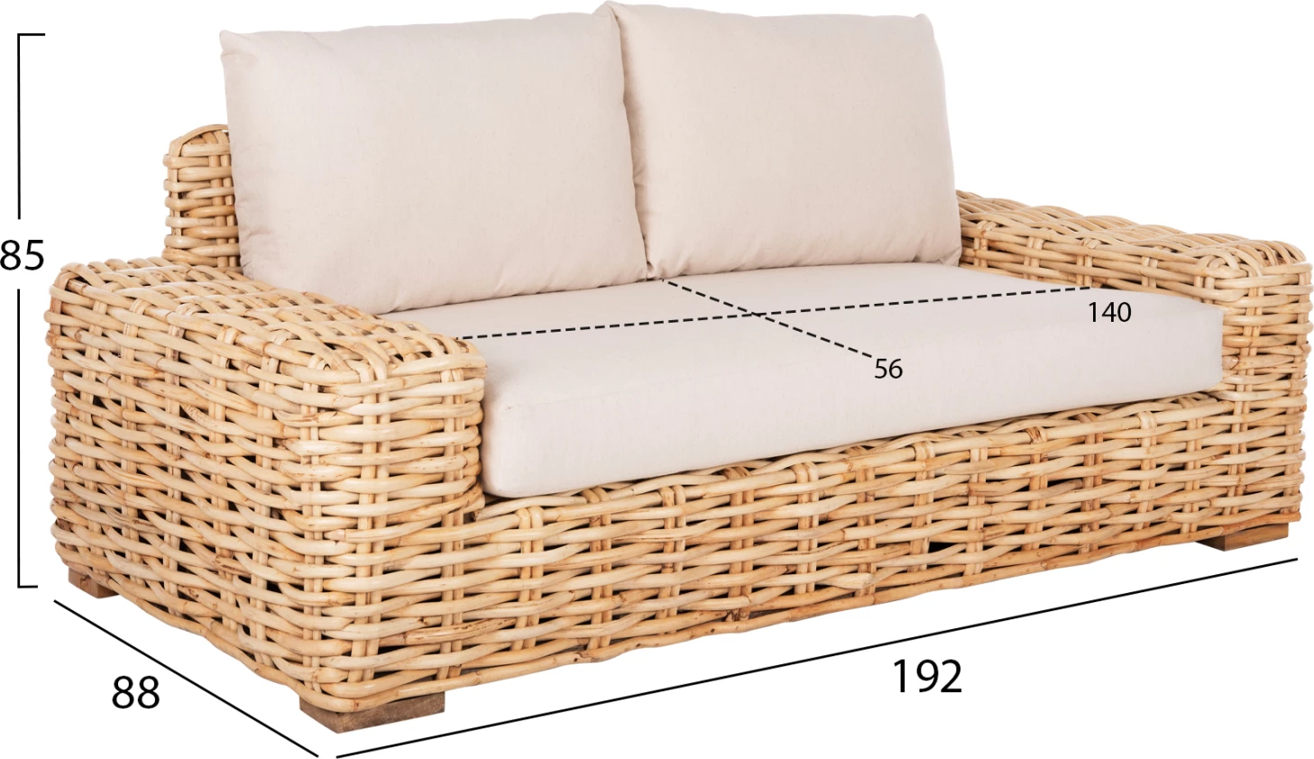 Divan i jashtëm 2-vendësh TROPEL FH9809 dru mango-rattan ngjyrë natyrale-jastëkë të bardhë 192x88x70-85Hcm