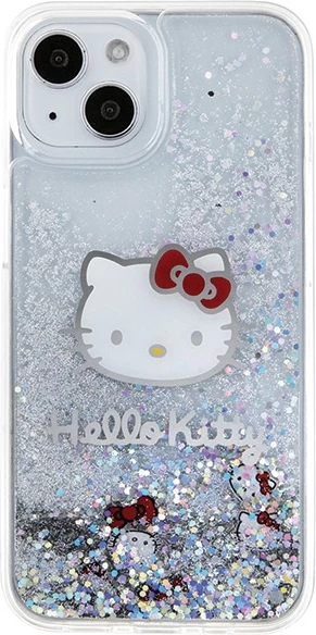 Mbështjellës Hello Kitty Liquid Glitter Charms Kitty Head për iPhone 15, argjend
