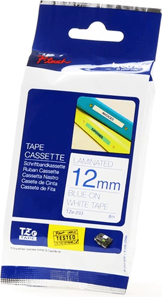 Kasetë shirit etiketash, Brother TZe-233, 12 mm 8 m, i laminuar, blu në të bardhë