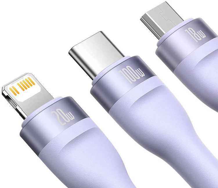 Kabllo 3-në-1 Baseus Flash Series 2, 1.5m, 100W, USB-C + micro USB + Lightning, vjollcë