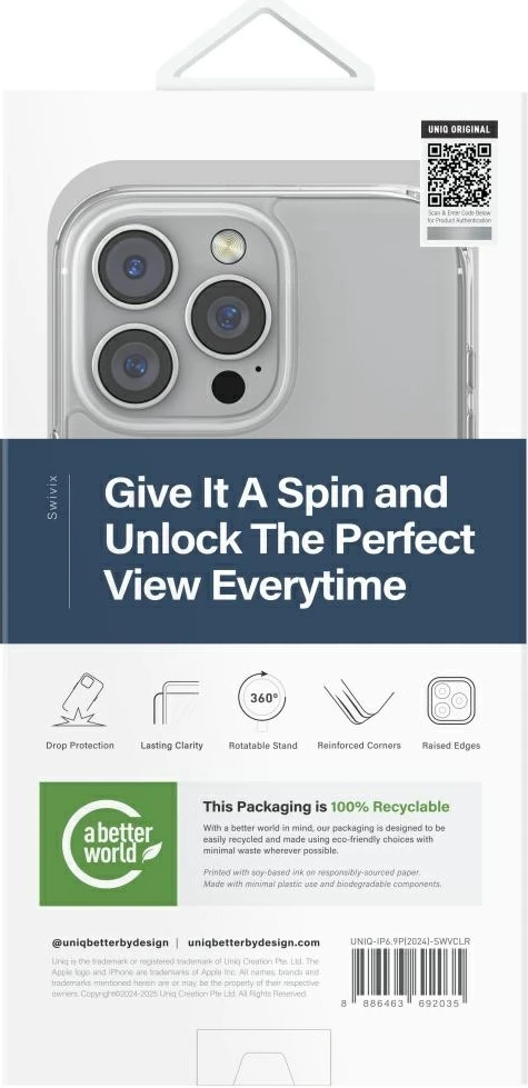 Mbështjellës UNIQ Swivix 360 me këmbëz rrotulluese për iPhone 16 Pro Max, Transparent