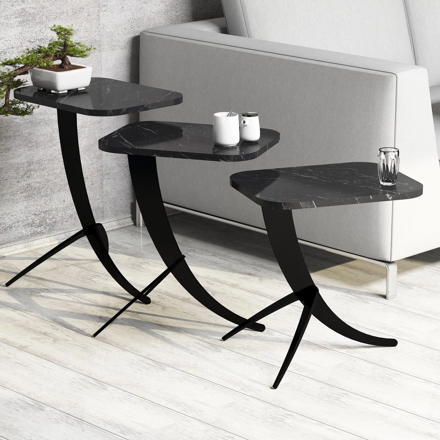Tavolina anësore 3PCS FH9508.02 sipërfaqe melamine ngjyrë mermeri të zi, këmbë metali të zeza 35x45x60H cm