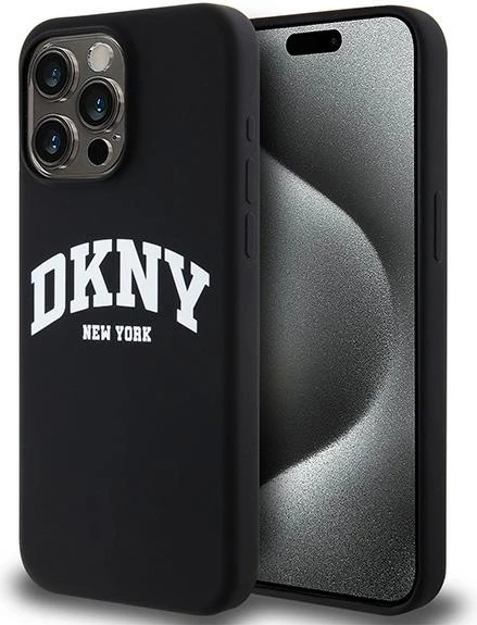 Mbështjellës DKNY Liquid Silicone me logo të bardhë, MagSafe, për iPhone 15 Pro Max, zi