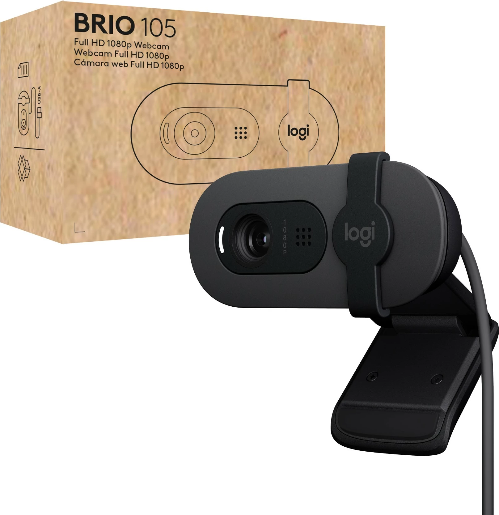 Webcam Logitech Brio 105, 2 MP, Full HD, kabllo USB-A, e zezë