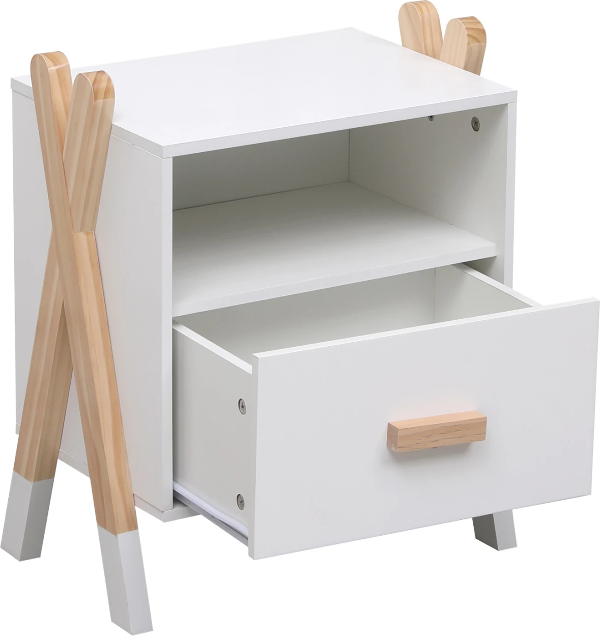 Komodinë natës PASCHAL, melaminë e bardhë, dru pishe natyrale, 46x30x55cm