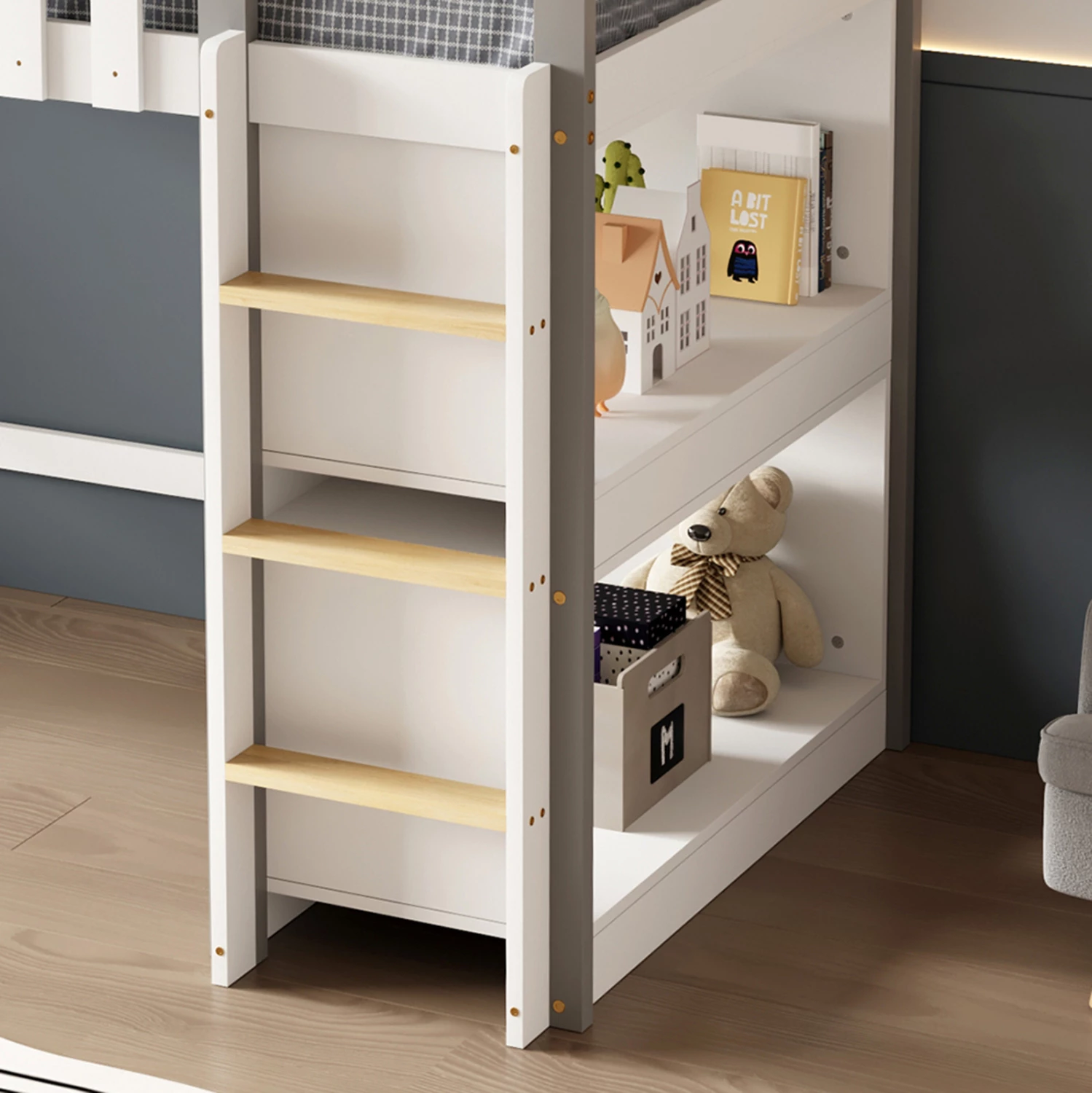 Krevat për fëmijë Montessori me rafte, druri pishe, bardhë-gri, HOMI FH712, për dyshek 90x190cm