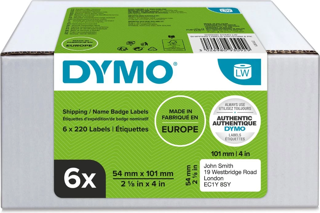 Etiketa vetëngjitëse, Dymo, 2093092, 54 x 101 mm, 6 x 220 copë, e bardhë