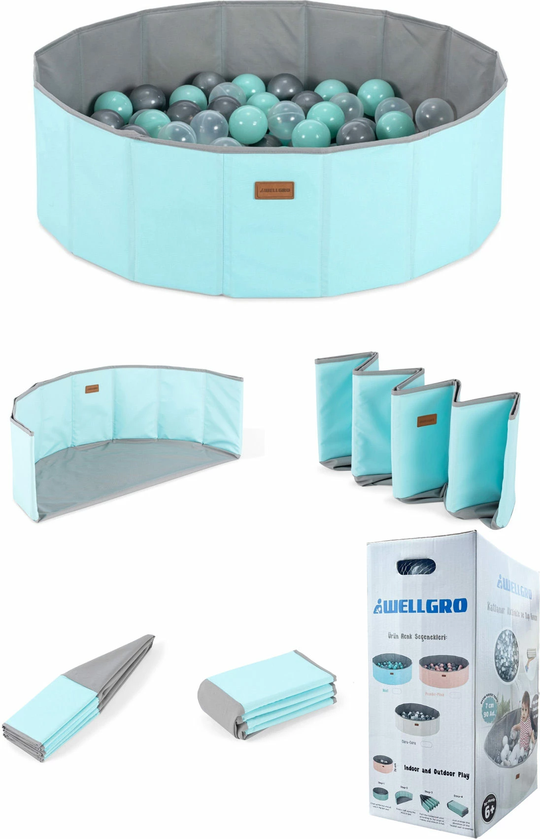 Pishinë topash palosëse me topa, ngjyrë mint, 90 copë