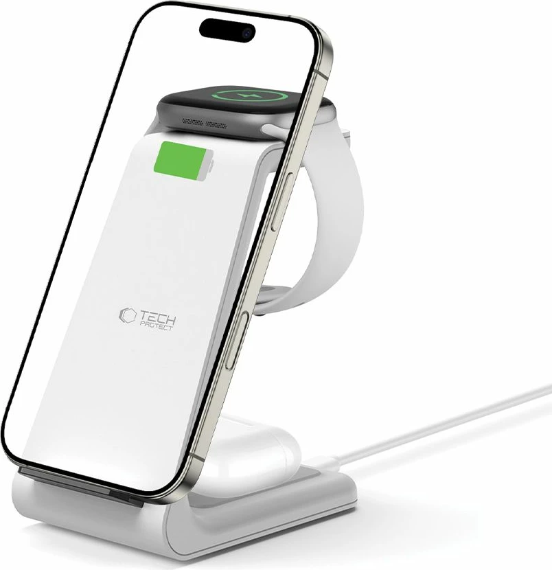 Stacion karikimi pa tela Tech-Protect QI15W-A36 3-në-1, për Apple, Bardhë