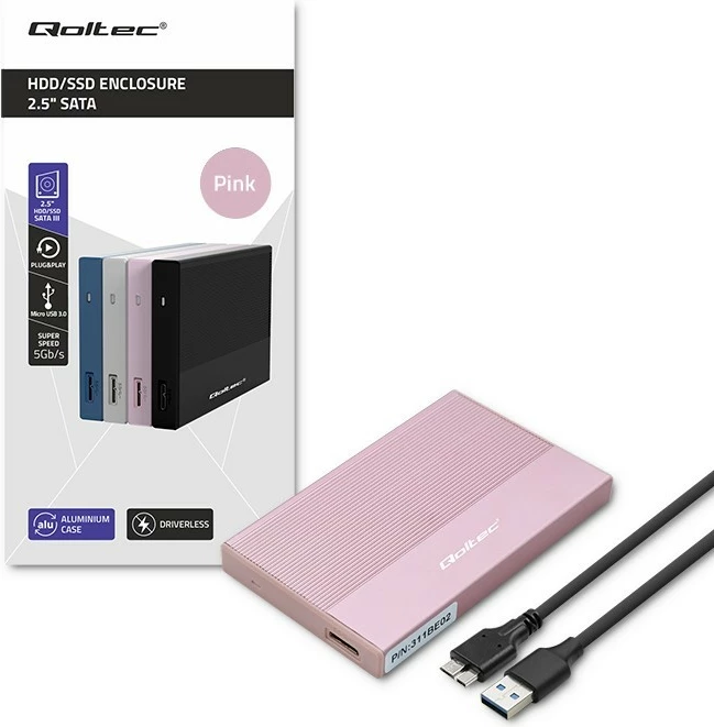 Kasë Qoltec 2.5" për SSD/HDD, USB 3.0, 2TB, Rozë