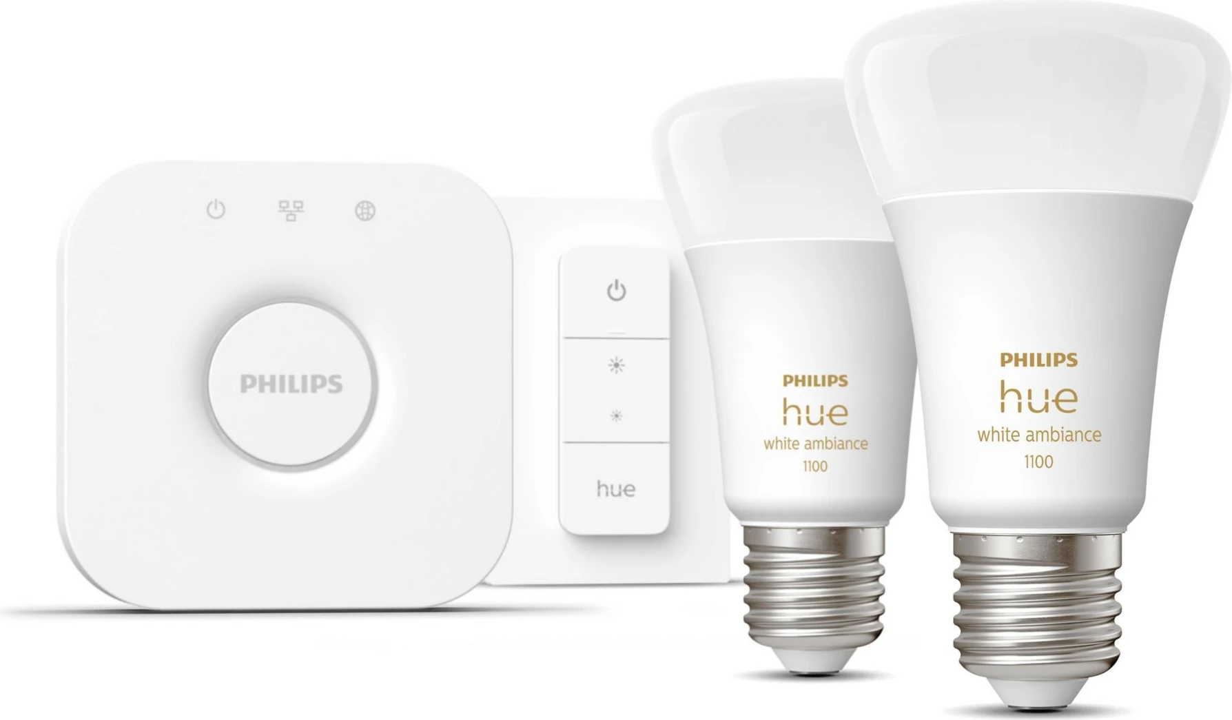 Kit ndriçimi i mençur Philips Hue White ambience, 2 llamba E27 (1100) + switch dimmer, Bluetooth/Zigbee, LED, E27, A60, Bardhë