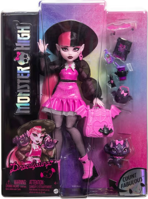 Kukull Monster High Mattel Draculaura HRP64 me aksesorë, rozë/zezë, me Count Fabulous