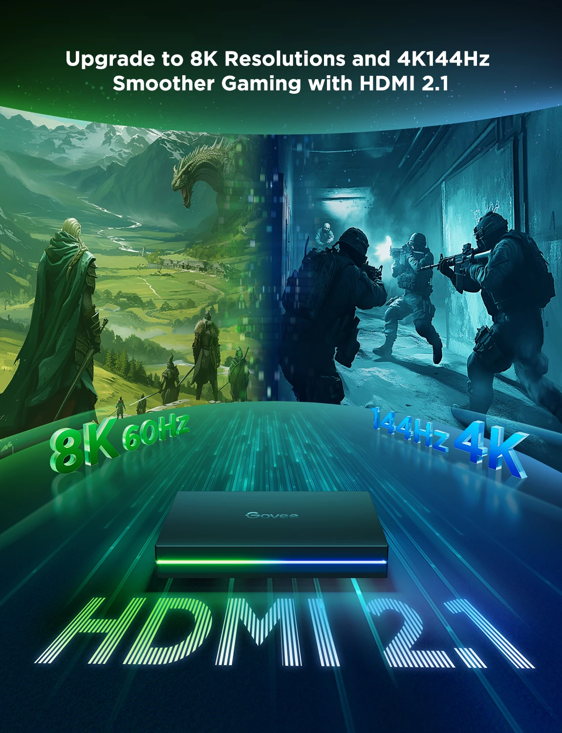 Sync box Govee Smart AI Sync Box Kit 2 për TV 55-65", HDMI 2.1 (8K/60Hz, 4K/144Hz), kit me shirit LED, e zezë