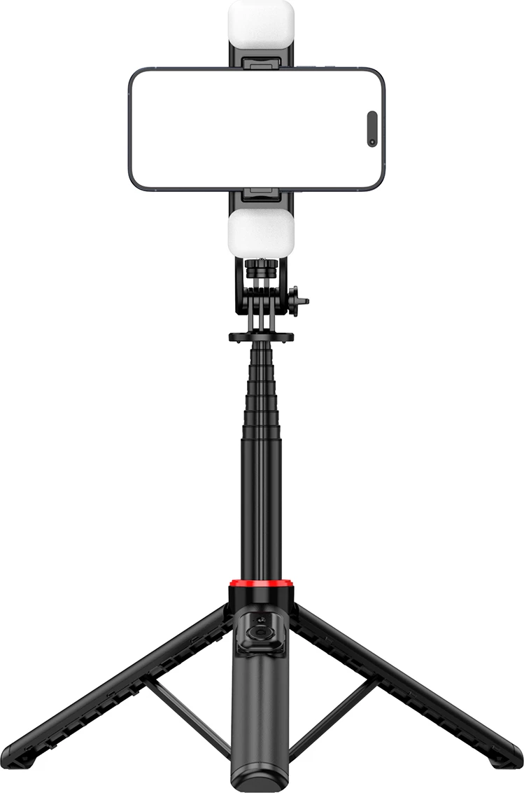 Selfie stick Hurtel WC12YDS tripod teleskopik me dy llampa, 1.3m, Bluetooth, i zi
