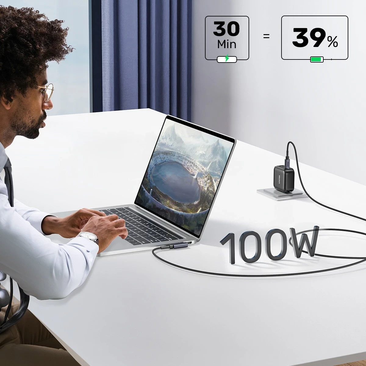 Kabëll USB-C Unitek, 90° PD100W, 1m, zi-gri