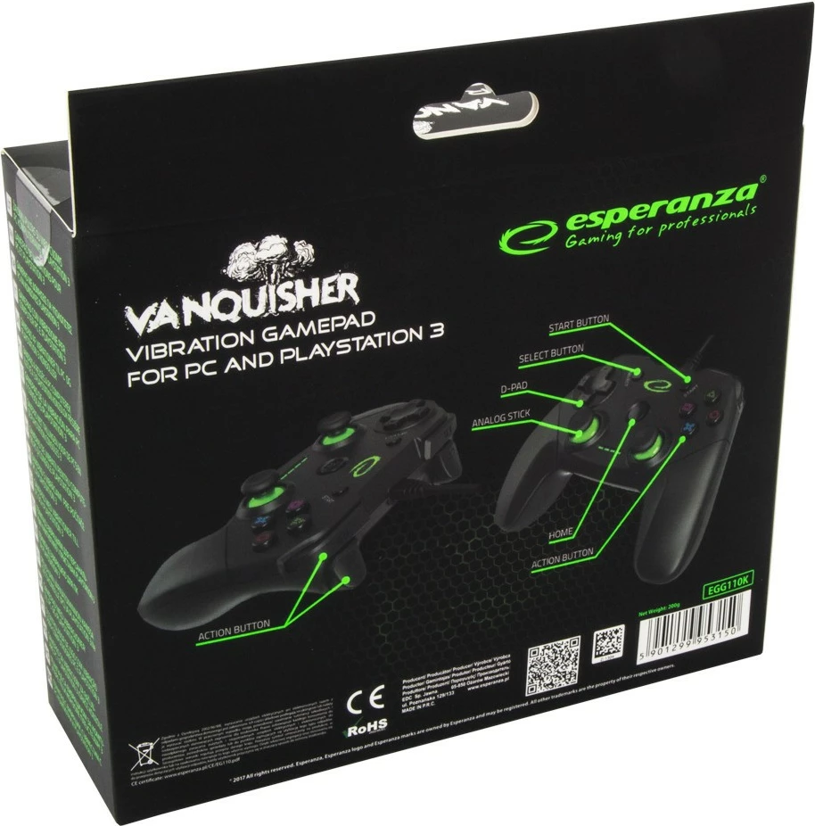 Gamepad Esperanza EGG110K për PC/PS3, me kabllo, i zi/gjelbër