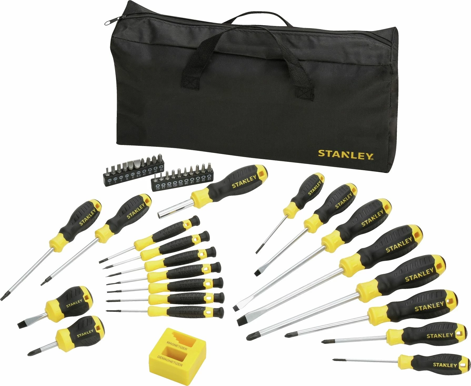 Set kaçavidash Stanley STHT0-62113, 42 copë, me bitë + mbajtës, magnetizues/demagnetizues dhe çantë, zi/verdhë