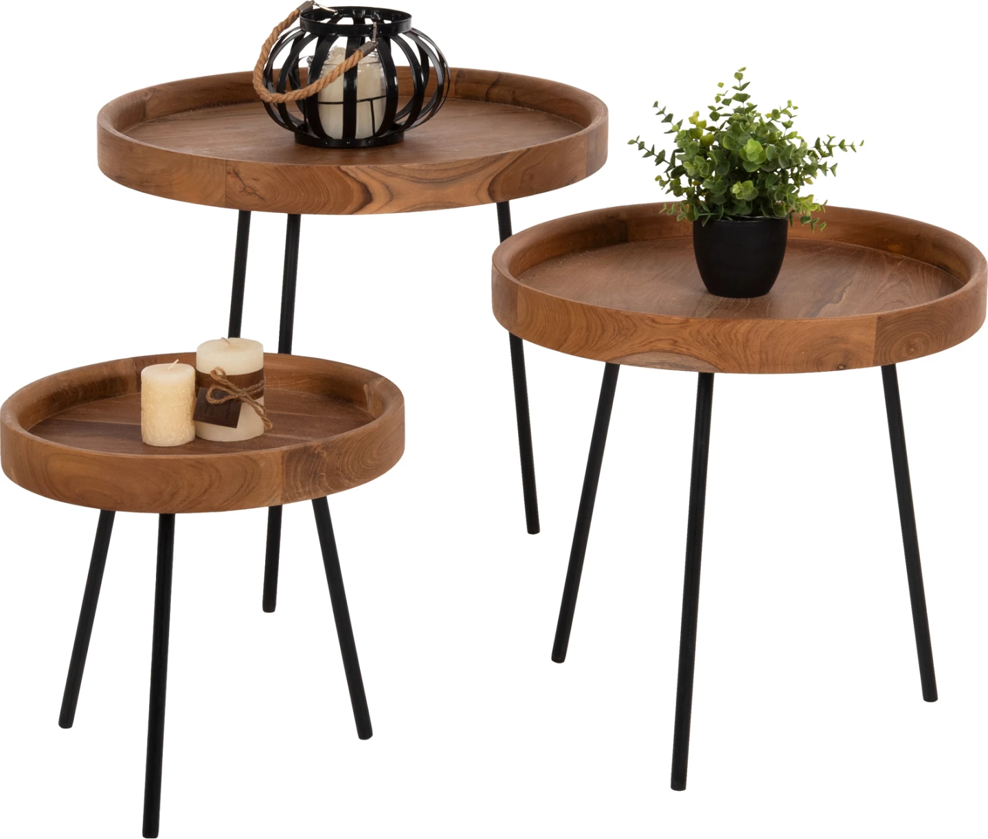 Tavolina anësore 3 copë set MANTARYS FH9799 dru MINDI-këmbë metali të zeza Φ60x55,5Ηcm