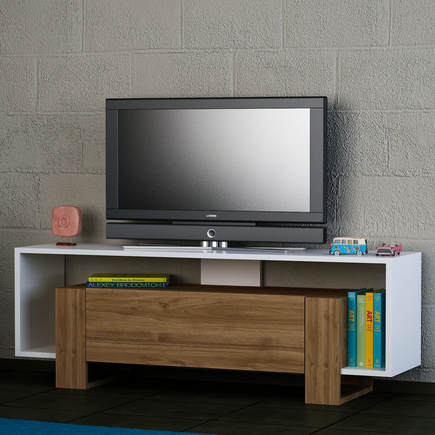 Mobilje TV melamine, ngjyrë e bardhë dhe arre, FH101.01, 120x33,2x48,6 cm