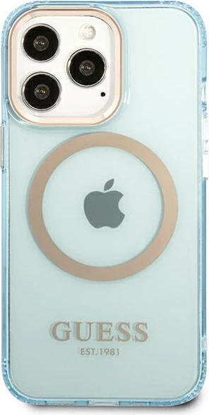 Mbështjellës Guess Gold Outline Translucent MagSafe për iPhone 13 Pro / iPhone 13, Blu