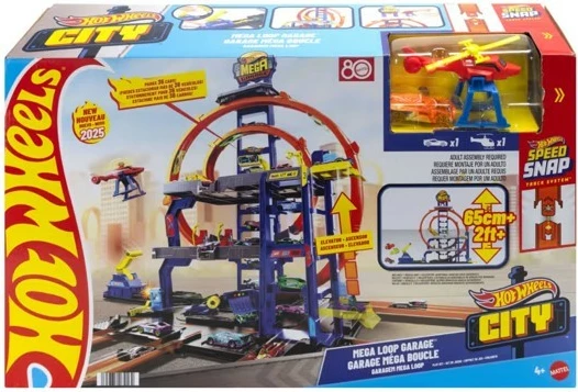 Set garazh lodër Hot Wheels City Mega Garage Gigaploop me helikopter dhe makinë, shumëngjyrësh