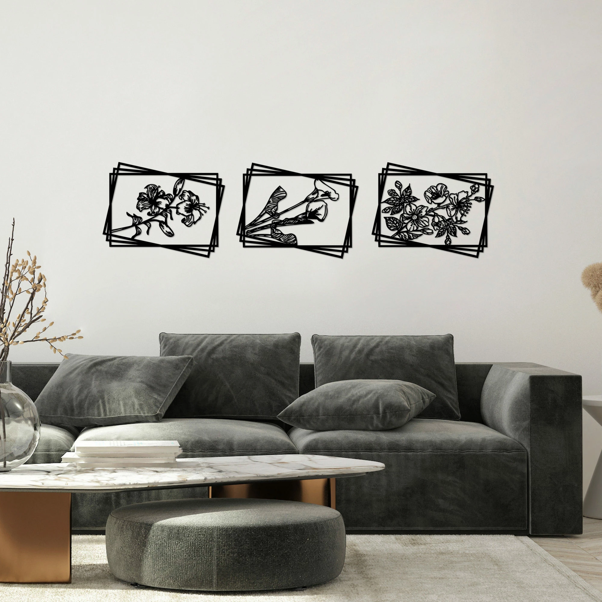 Aksesor dekorativ metalik për mur, lule, 3 copë, Wallity 514