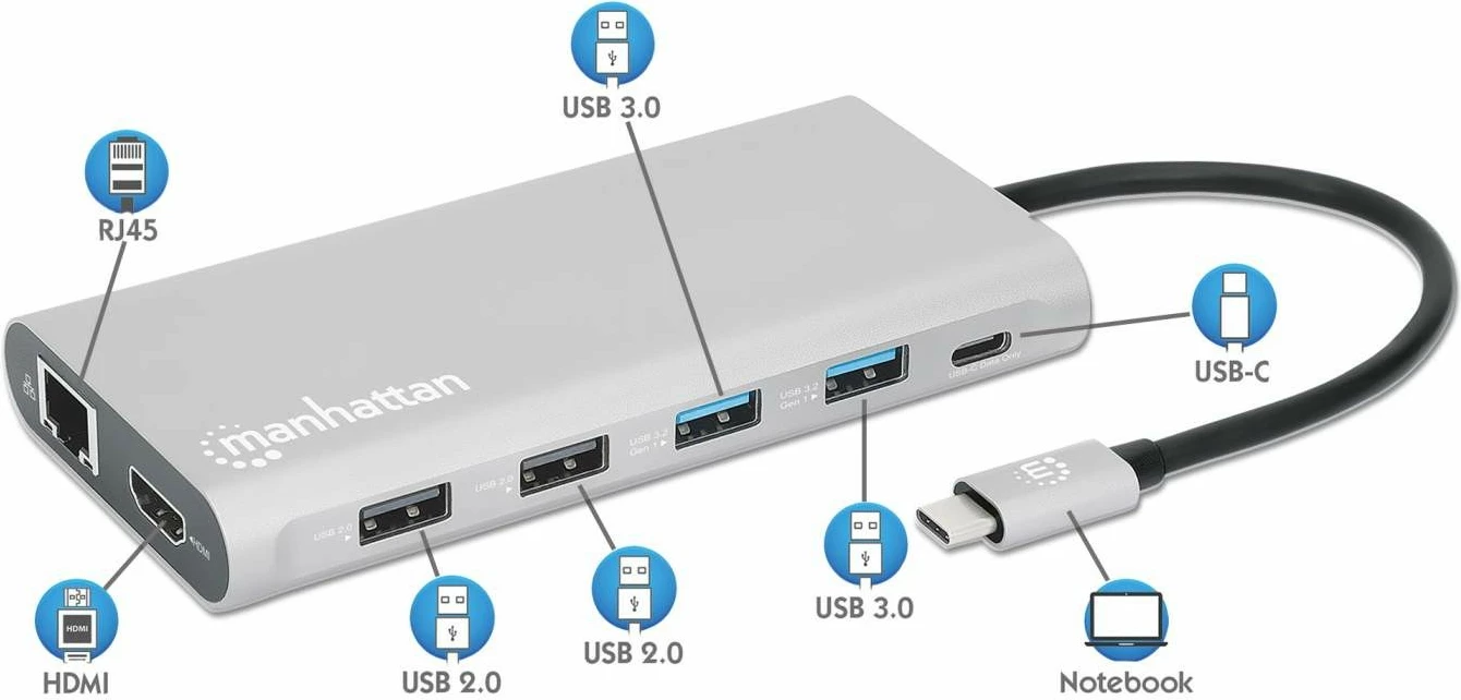 Docking station MANHATTAN 12-in-1, 3x HDMI, 4x USB, USB-C, DP, RJ45, gri