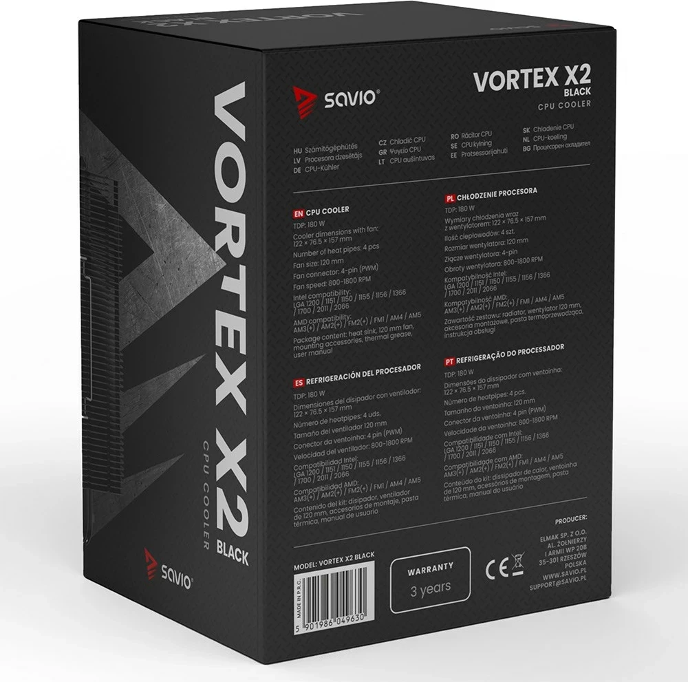 Ftohës ajri për procesor SAVIO VORTEX X2 BLACK, 12 cm, i zi