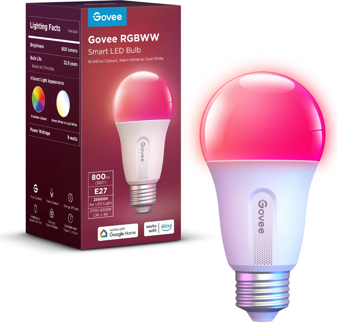 Llambë LED smart Govee RGBWW E27 800 lm