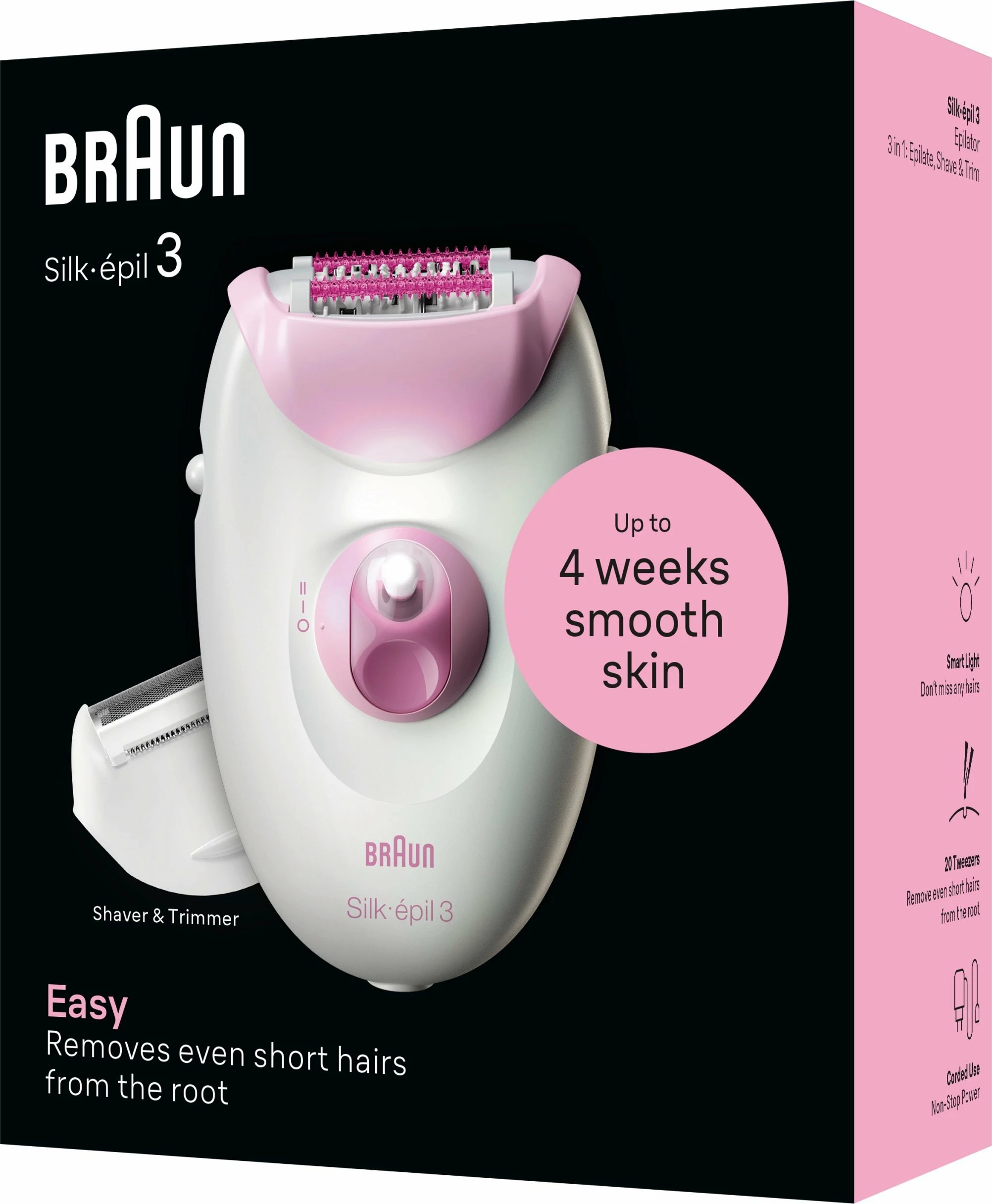 Depilator Braun Silk-épil 3 3-031, 20 pinceta, SmartLight, 2 shpejtësi, me aksesorë, rozë/bardhë