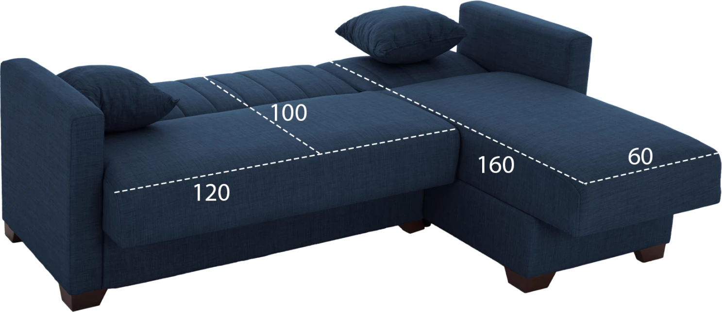 Divan qoshe me shtrat GHUFRAN FH3244.07, i kthyeshëm me hapësirë magazinimi, pëlhurë blu, 200x133x77 cm